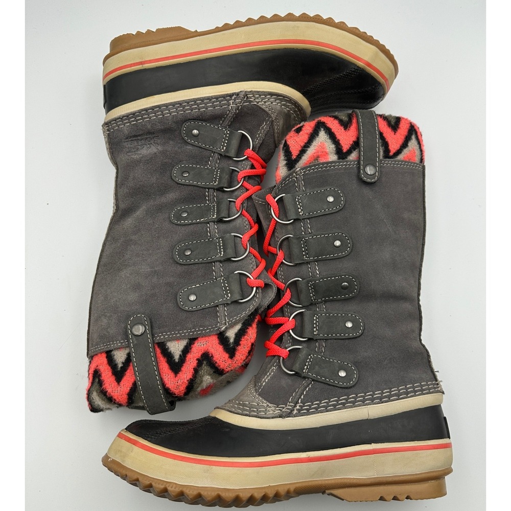 Sorel Joan Of Arctic Knit II Chevron Waterproof Snow Boots Sz 6/7 READ Pink Gray